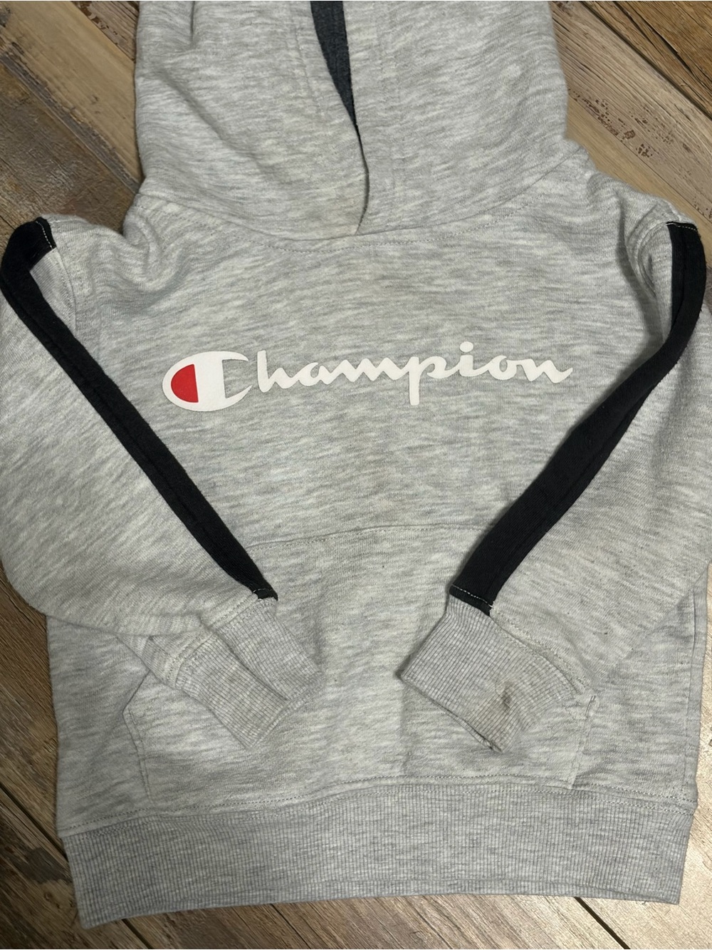 Champion Light Gray Hoodie with White Script Logo